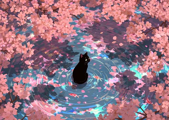 Black Cat by Cherry Blossom Pond