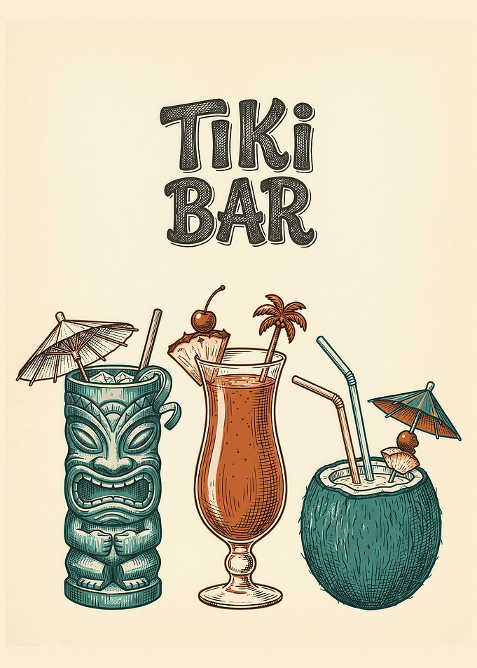 Tiki Bar Tropical Cocktails Engraving Style Island Drinks Summer Party Refreshment