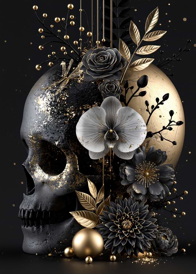 Gothic Skull with Gold Floral Embellishments