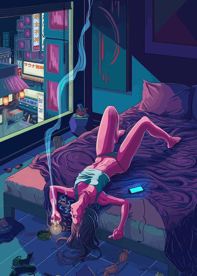Woman smoking in a neon-lit room