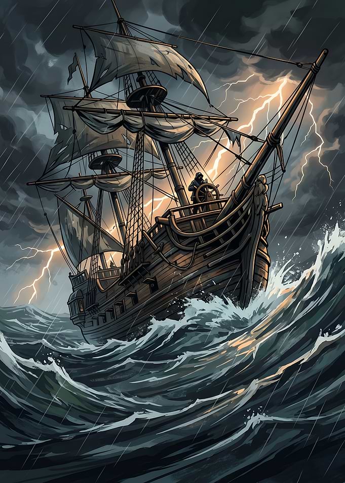 Sailing Ship in a Violent Ocean Storm