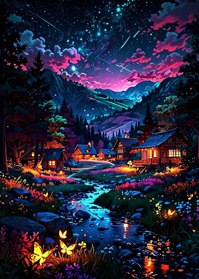 Enchanting Night Landscape with Village and Stars