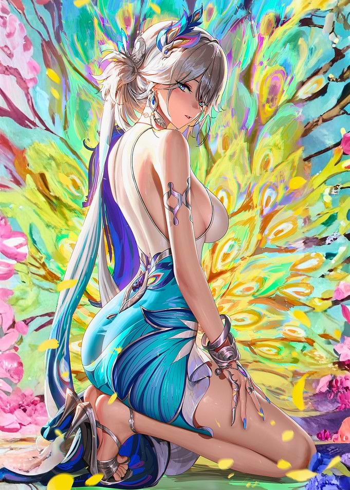Woman in Peacock-Inspired Dress