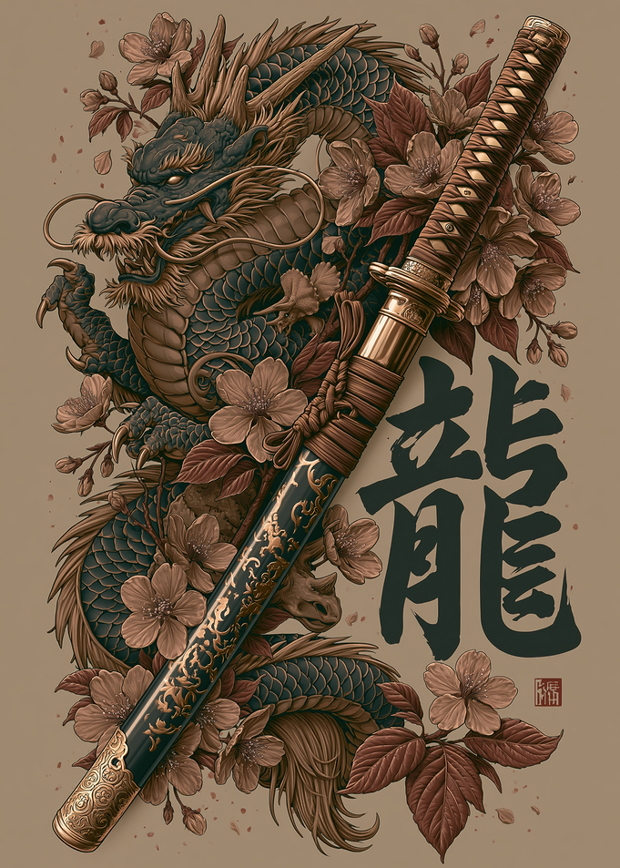 Dragon and Katana with Cherry Blossoms