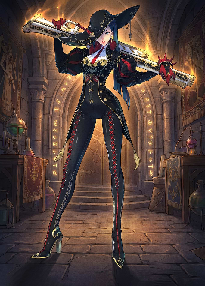 Woman in witch hat with rifle