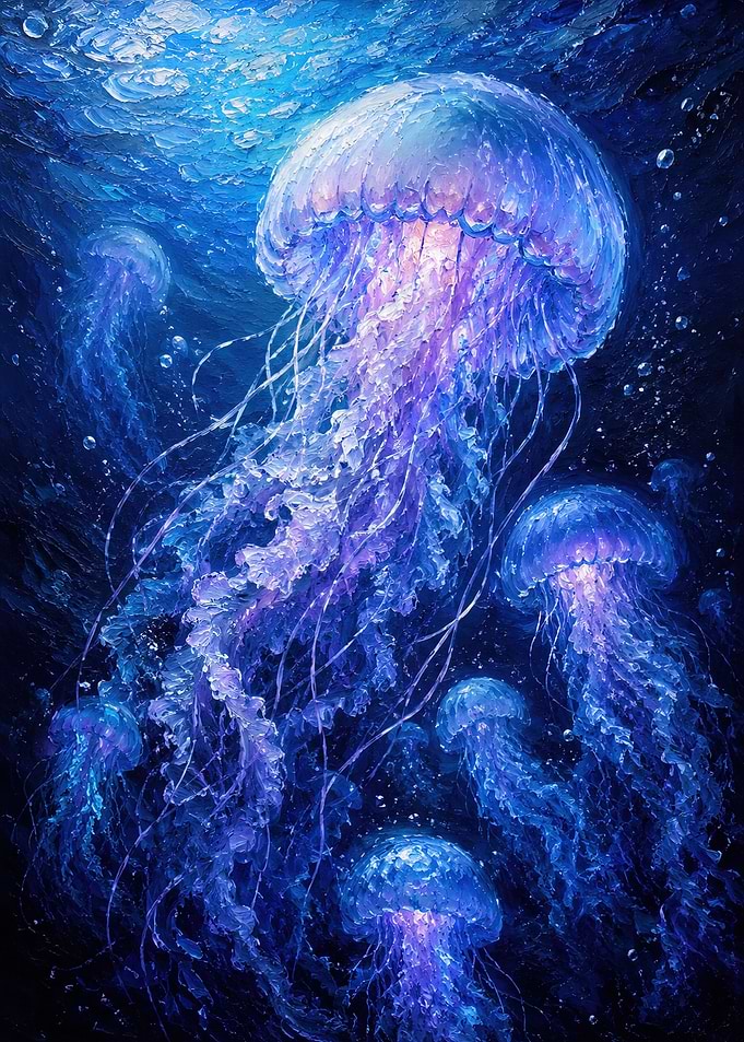 Vibrant Jellyfish in Deep Blue Ocean