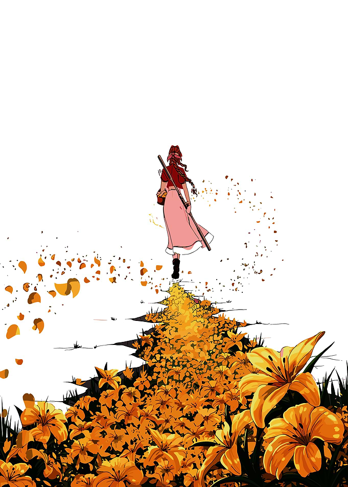 Woman walking through a field of flowers