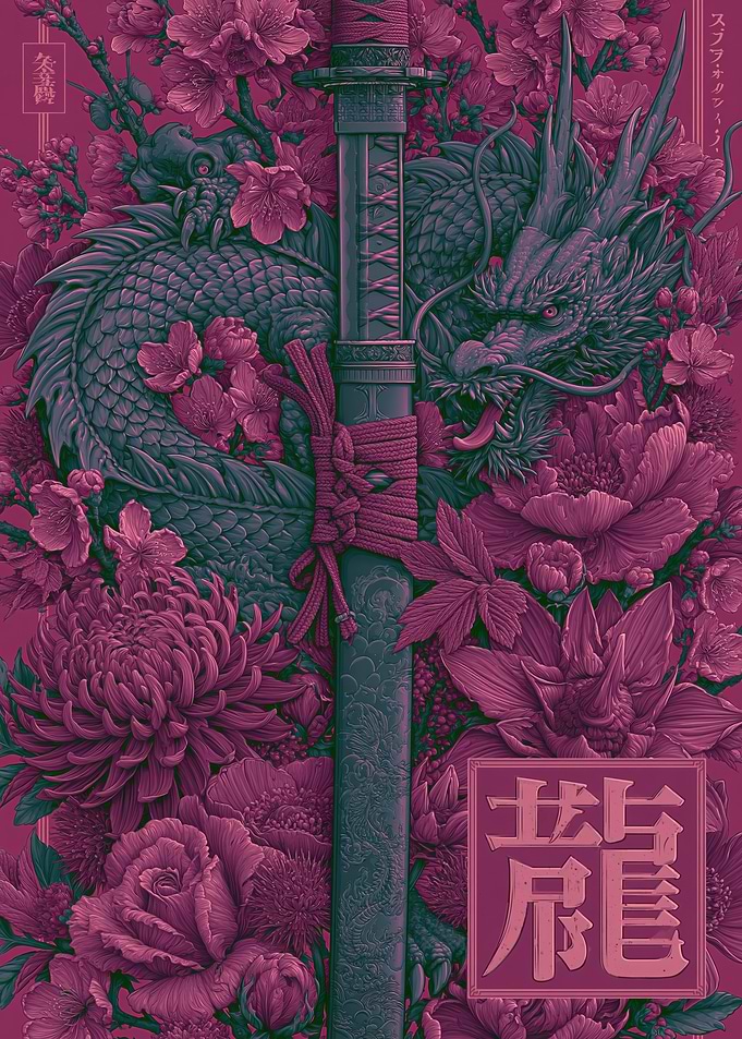 Dragon and Katana with Flowers