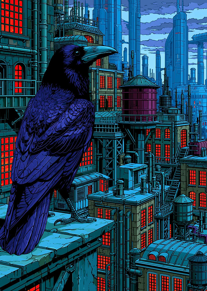 Raven perched on a rooftop overlooking a city