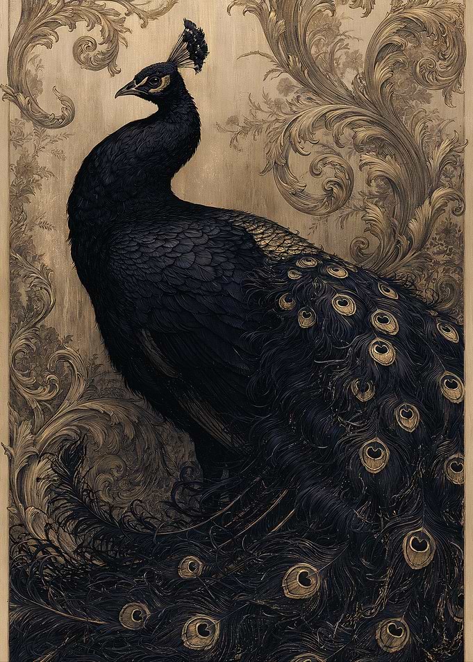 Elegant Black Peacock with Ornate Background