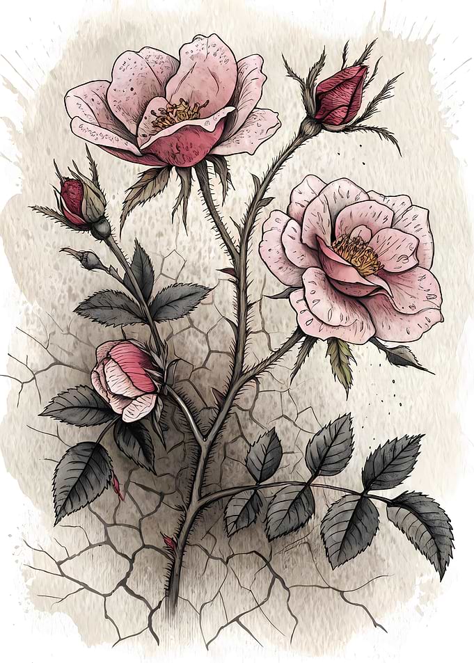 Pink Roses on Thorny Stem