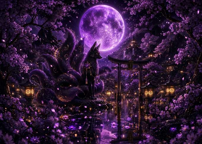 Mystical Fox Under Purple Moon