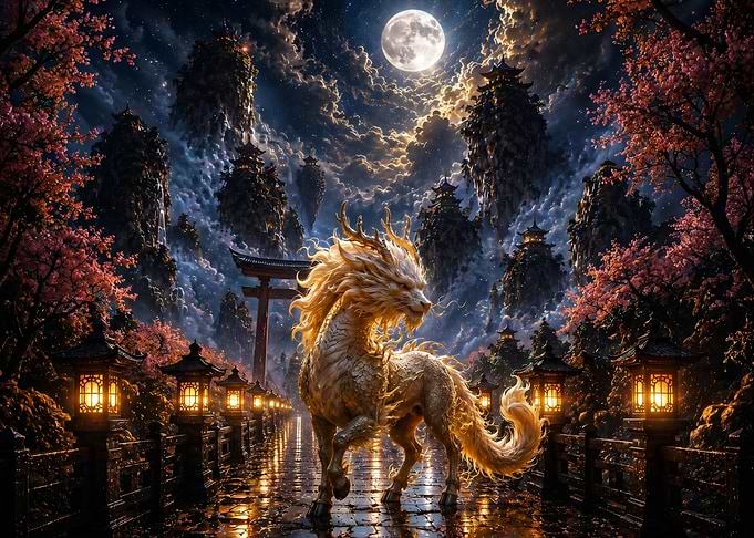 Golden Dragon in Moonlit Japanese Garden