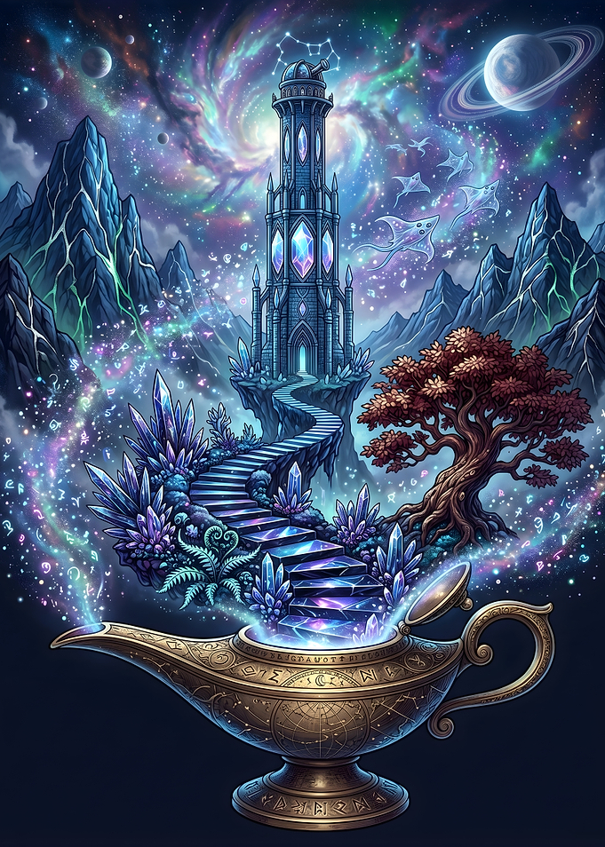 Magical Genie Lamp with Cosmic Landscape