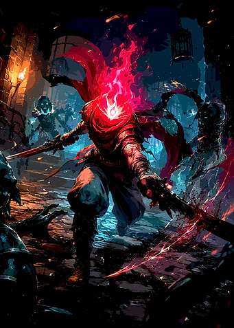 Fiery Warrior Battling Monsters