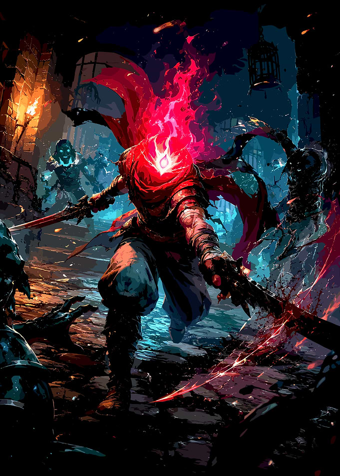Fiery Warrior Battling Monsters