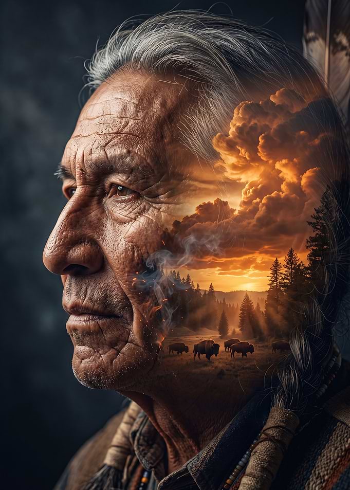 Native American Man with Bison Landscape