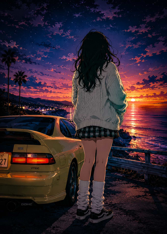 Anime girl watching sunset by the ocean