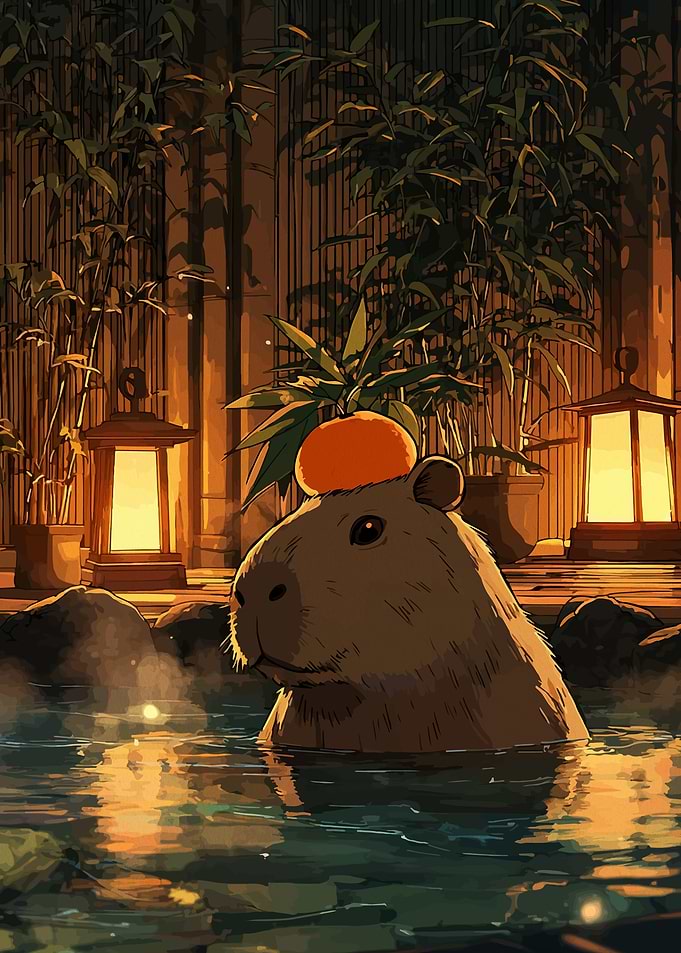 Capybara in Hot Spring with Orange
