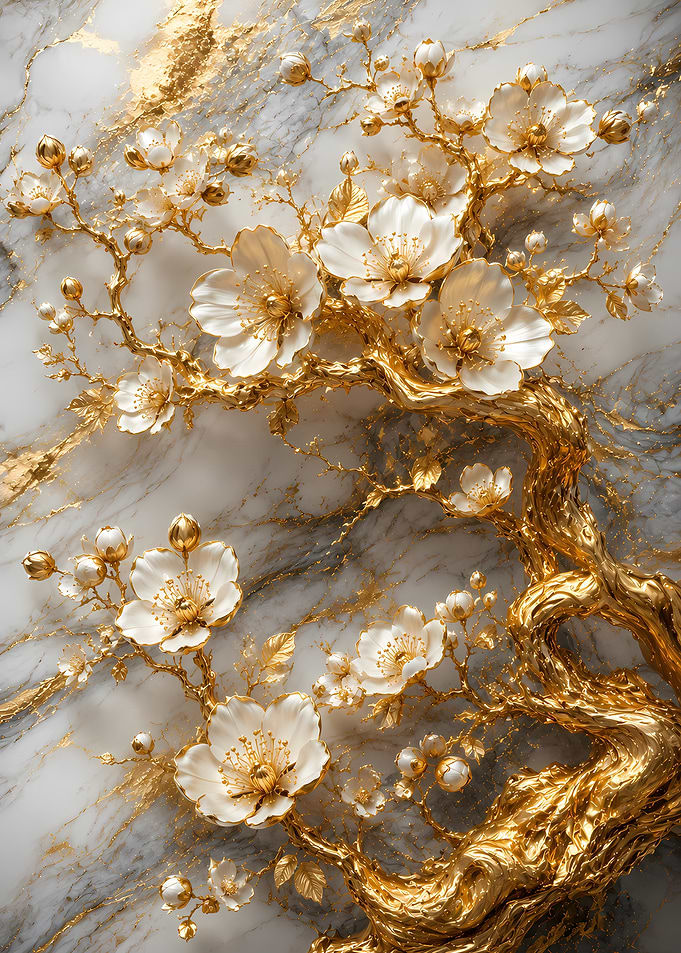 Gold and White Floral Marble Art