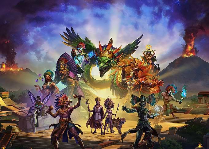 Mythological Aztec Characters and Dragon