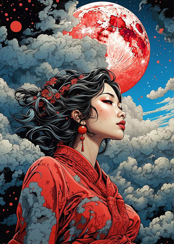 Woman in Red Kimono Under Red Moon