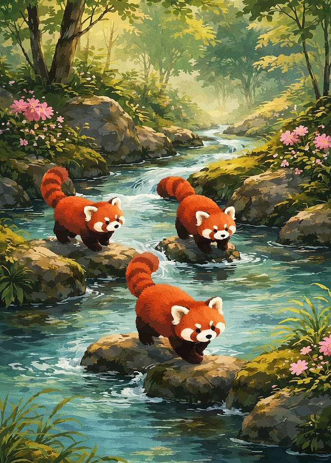 Red Pandas in a Forest Stream