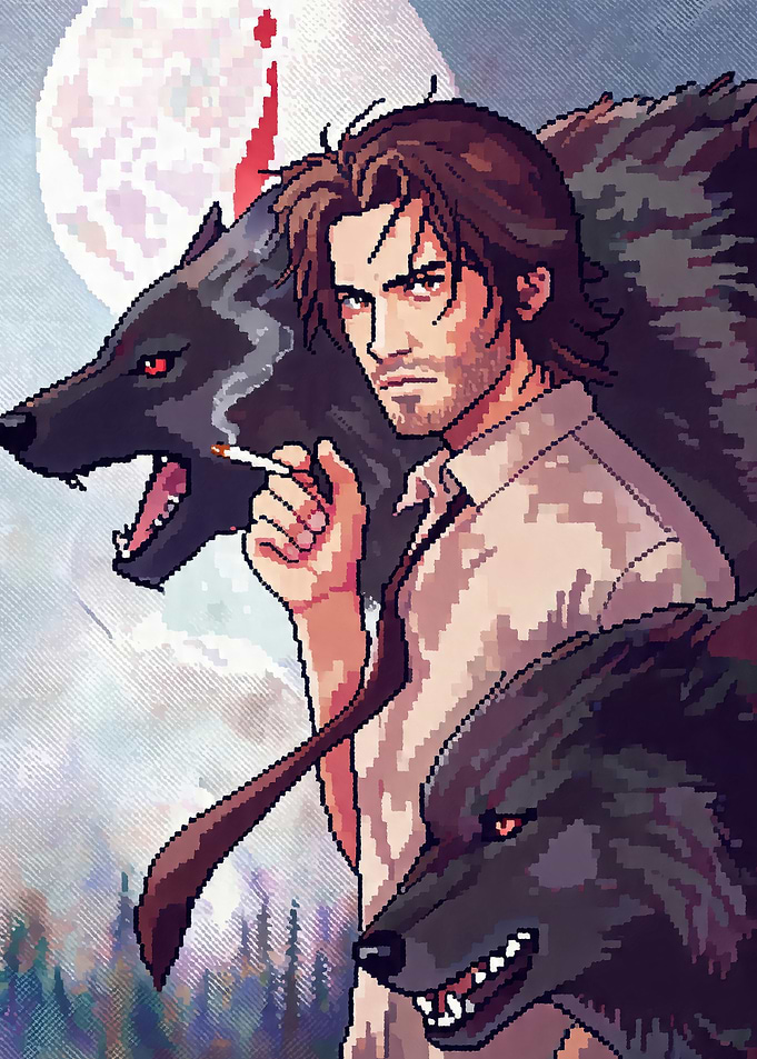 Man with Wolves Under Full Moon