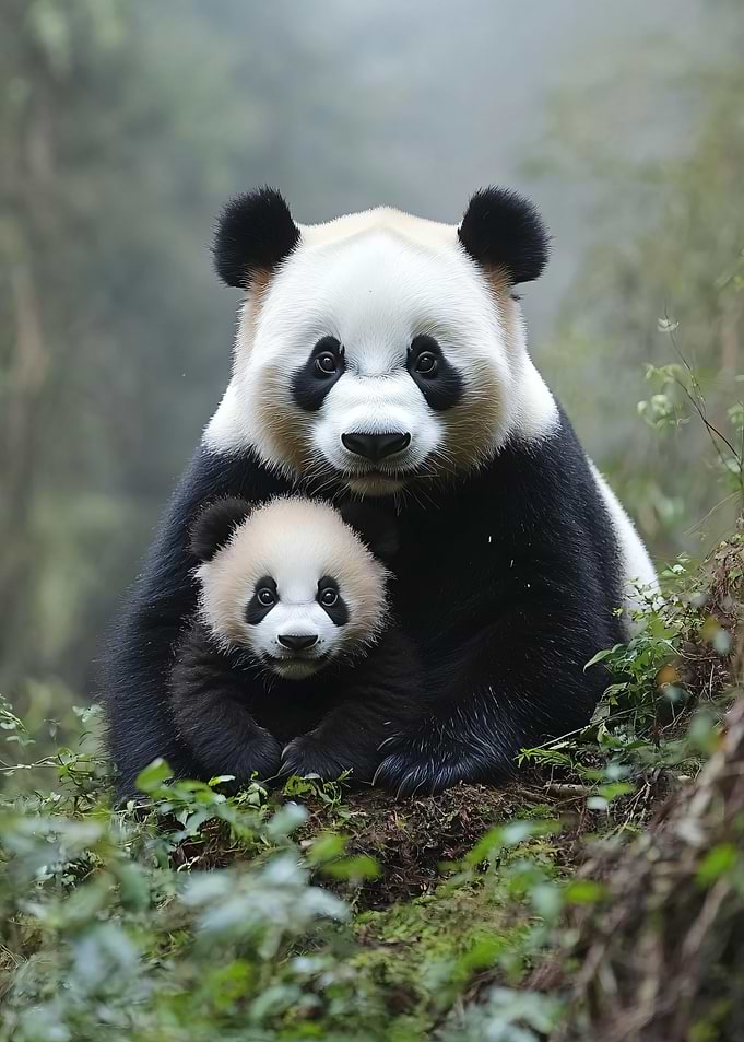 Mother and Baby Panda in Forest