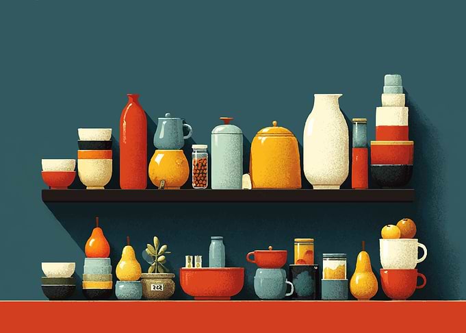 Kitchen Shelves with Ceramic Ware