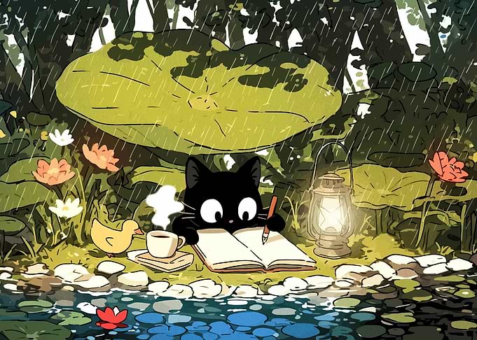 Black cat journaling in the rain