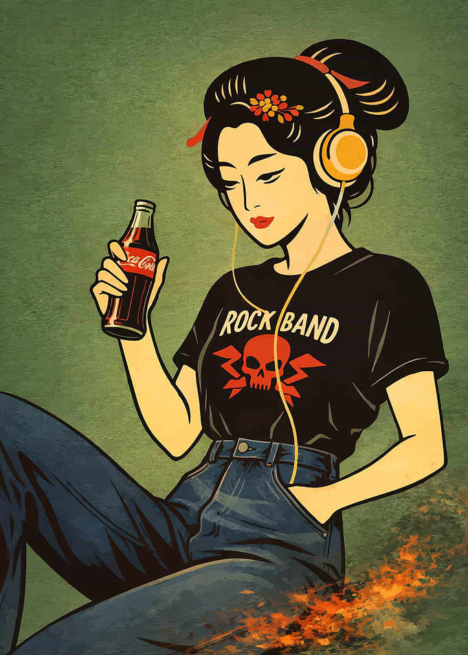 Geisha with Coca-Cola and Headphones