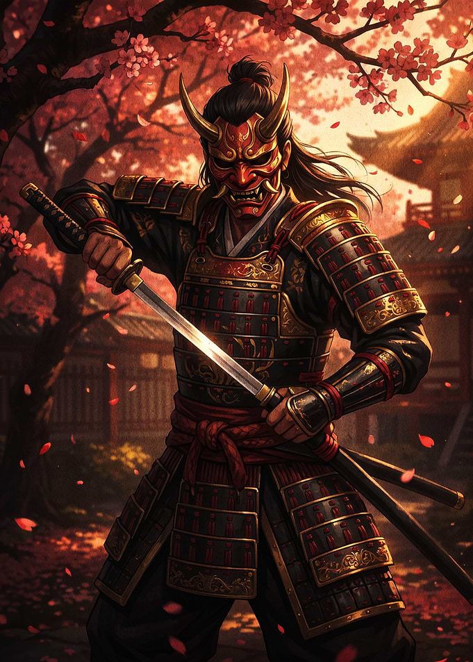 Samurai Warrior in Cherry Blossom Setting