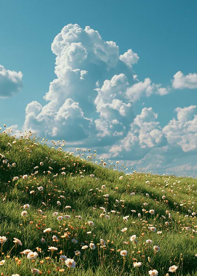Grassy Hillside with Wildflowers and Clouds