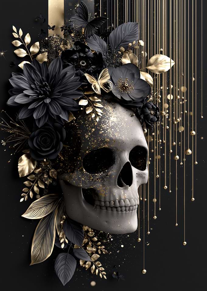 Gothic Skull with Black and Gold Flowers