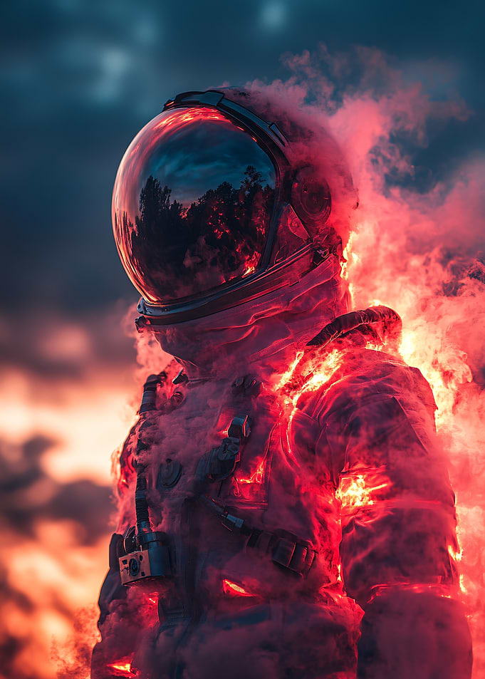 Astronaut engulfed in flames