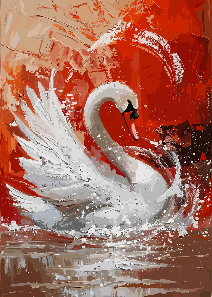 White Swan in Red Abstract Background