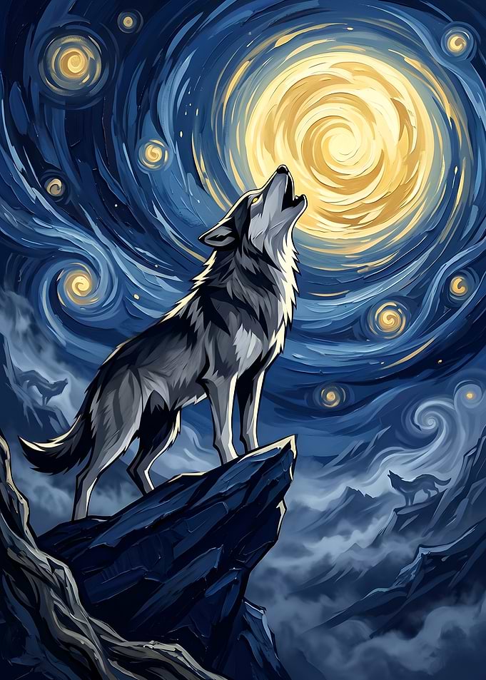 Wolf Howling at the Starry Night