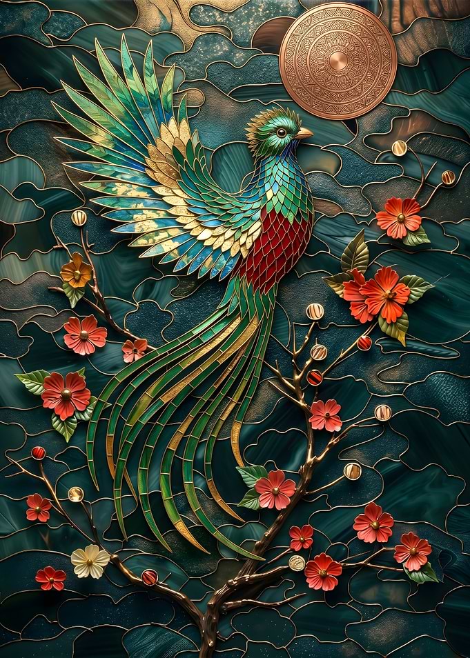 Bird with Flowers Stained Glass