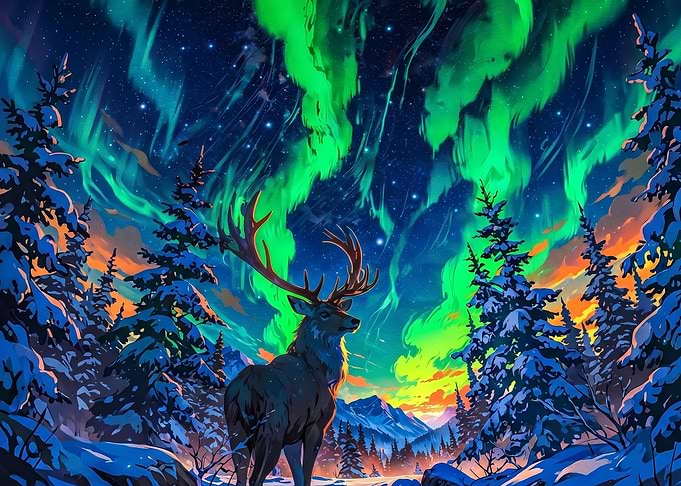 Majestic Stag Under Aurora Borealis