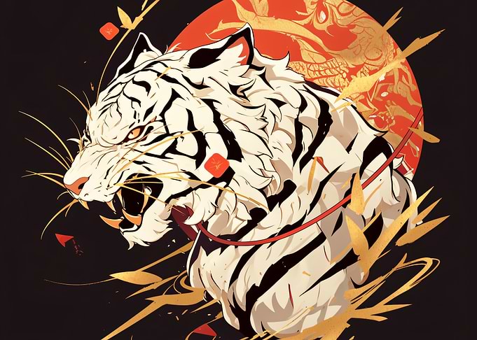 Fierce White Tiger with Red Sun