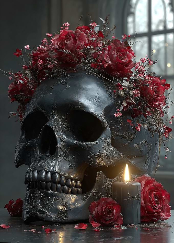 Gothic Skull with Roses and Candle