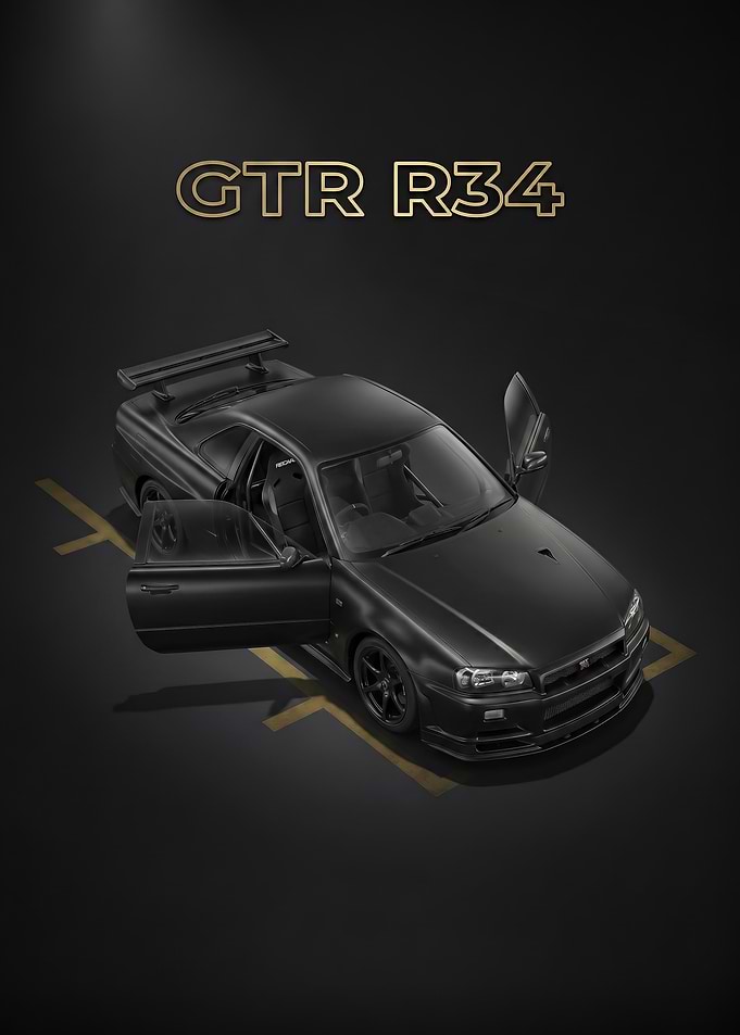 sleek Nissan GTR R34 Black open doors poster
