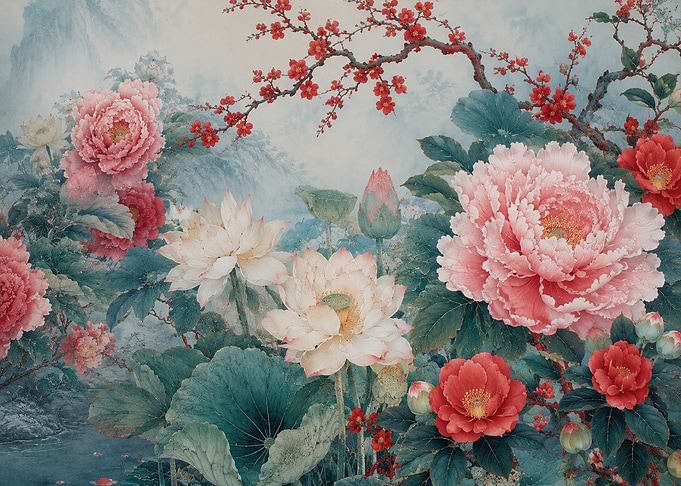 Vibrant Peonies and Lotuses in Bloom