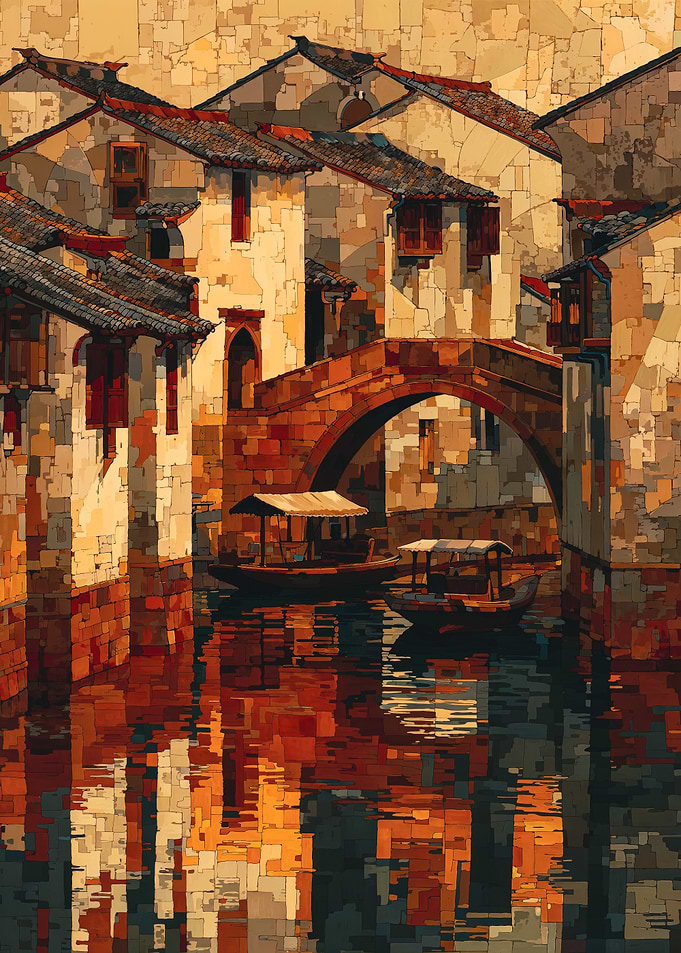 Geometric Mosaic Asian Water Village