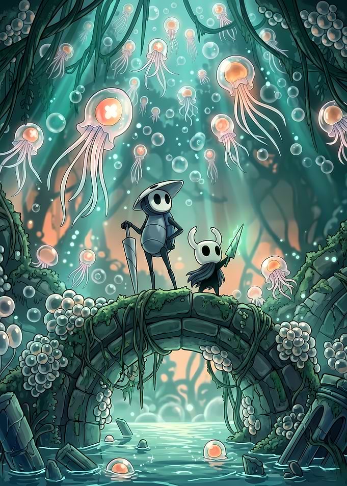 Hollow Knight Characters on Bridge with Jellyfish