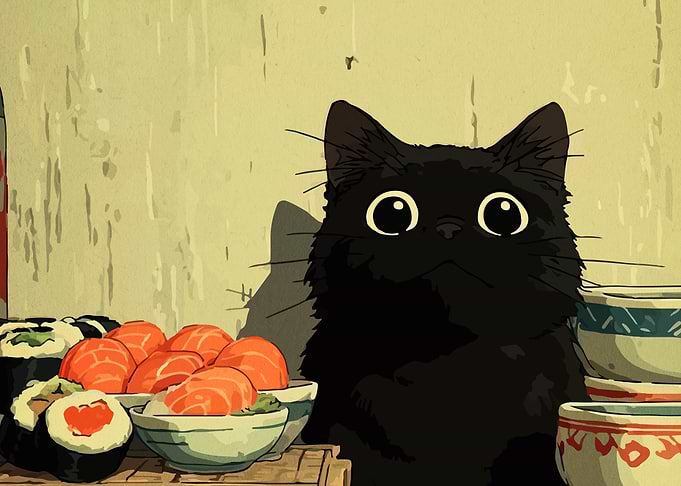Black cat with sushi and sashimi