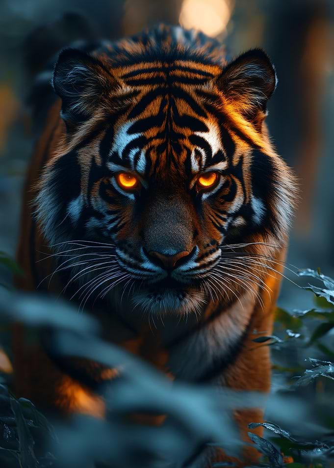 Tiger with glowing eyes in forest