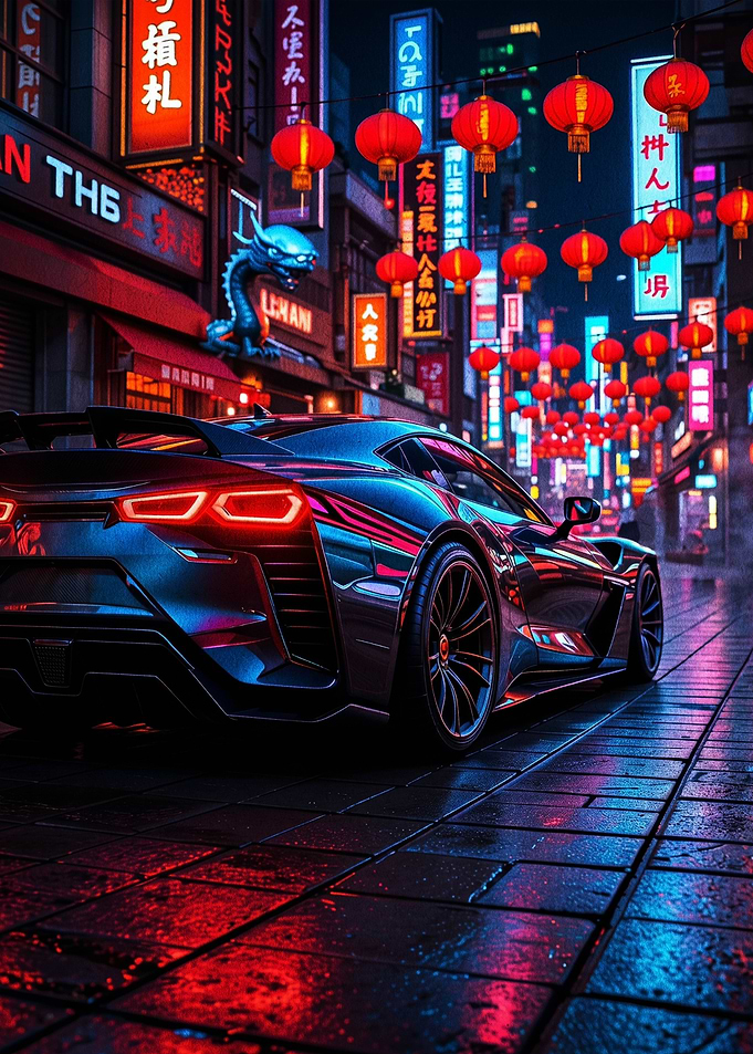 Cyberpunk Car in Neon Asian City