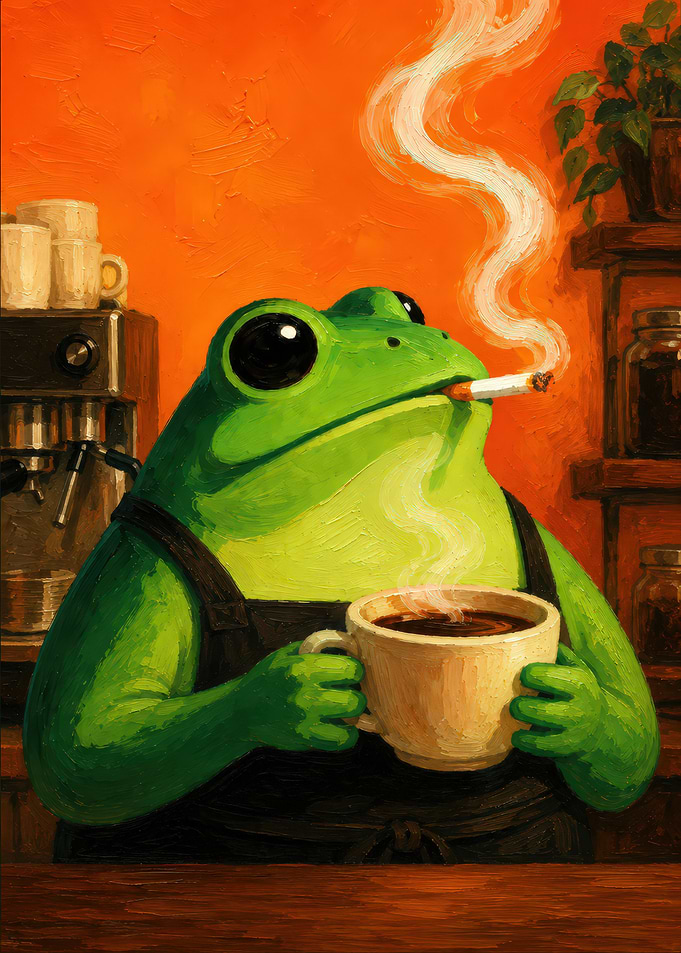 Frog Barista Smoking and Drinking Coffee